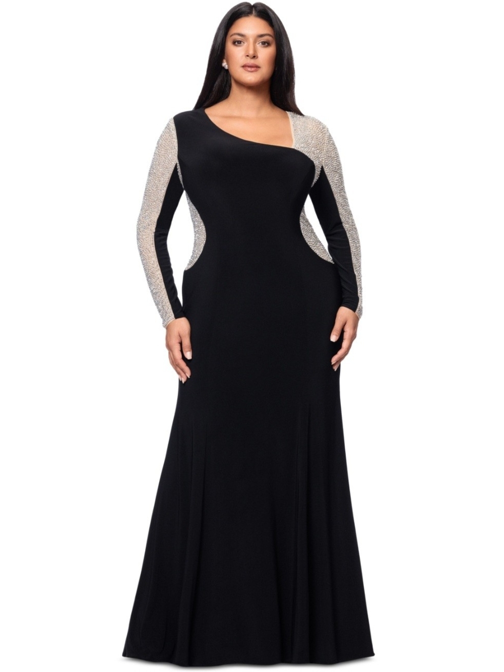 XSCAPE Plus Size Asymmetrical Rhinestone-Mesh-Sleeve Gown